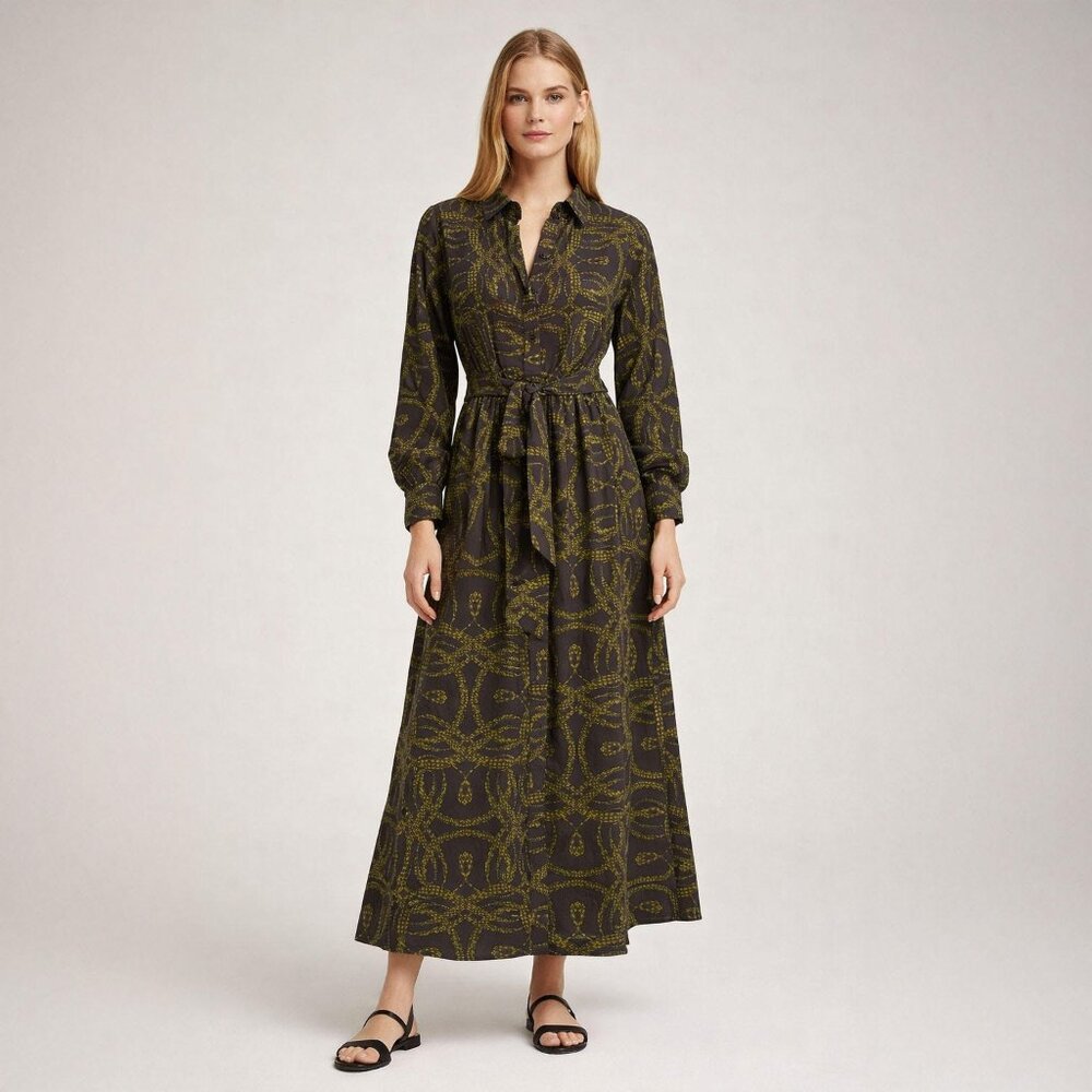 Richard Allan x H&M NWOT Women's Shirt Midi Dress Size 4 Brow/ Green Printed - Picture 1 of 12